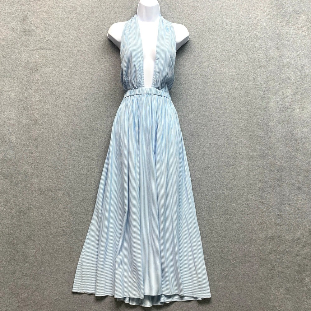 FRNCH Paris Striped Tie Halter Maxi Dress Size S Blue Coquette Feminine Sexy